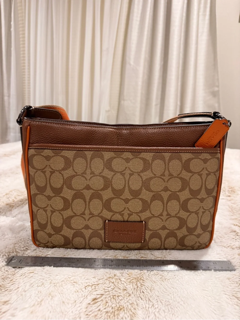 COACH Signature Jacquard Crossbody Bag Brown Tan Orange Logo Strap